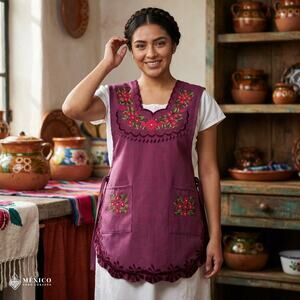 Burgundy Mexican Embroidered Smock Apron – Floral Traditional Design
